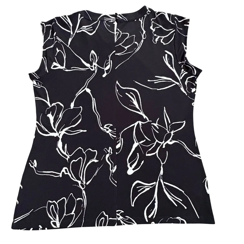 Karl Lagerfeld Paris Black White Floral Sleeveless Bow Neck Top Women's Size S - Picture 7 of 9